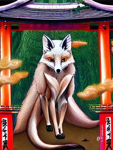 Image similar to photorealistic full - color fantasy illustration a beautiful japanese kitsune goddess who is partially transforming into an anthropomorphic fox, in an inari shinto shrine in kyoto. highly - detailed professional art.