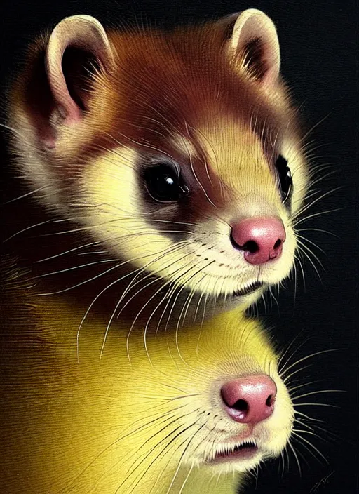 Image similar to a beautiful closeup shot from a fantasy film of a ferret with golden eyes. an animal with yellow eyes. portrait. joseph ducreux, greg rutkowski.