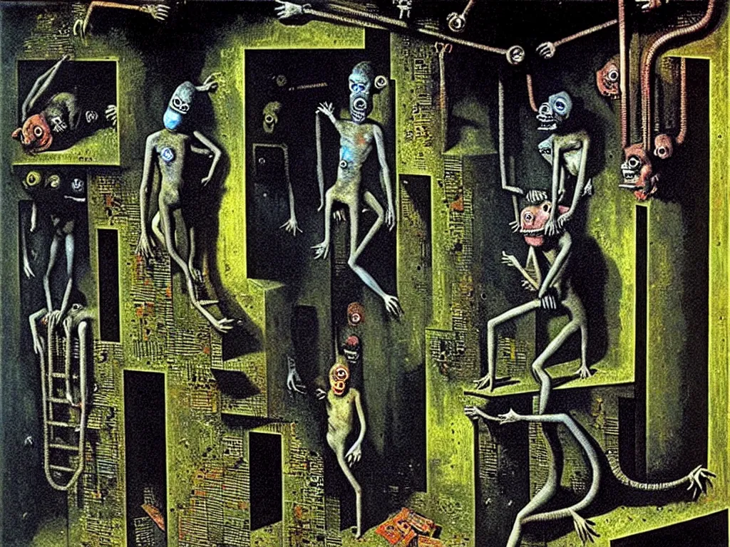 Image similar to bitcoin basement dweller, decadence and despair, underground ratman, art by max ernst