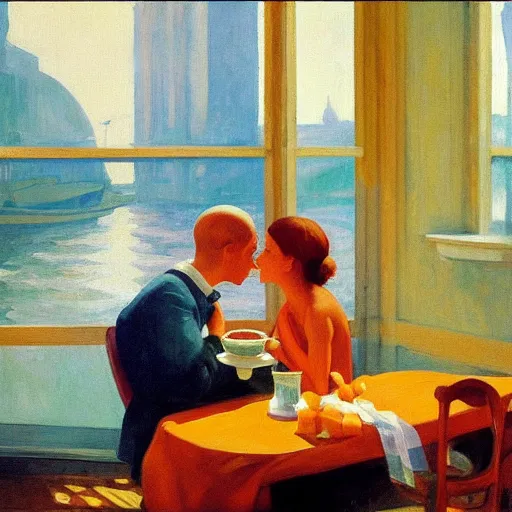 Image similar to oil painting of young lovers in shabby room by the river, with teapot and cups and bowl of oranges on table, and view through window of ship on river, by edward hopper, by frank mccarthy