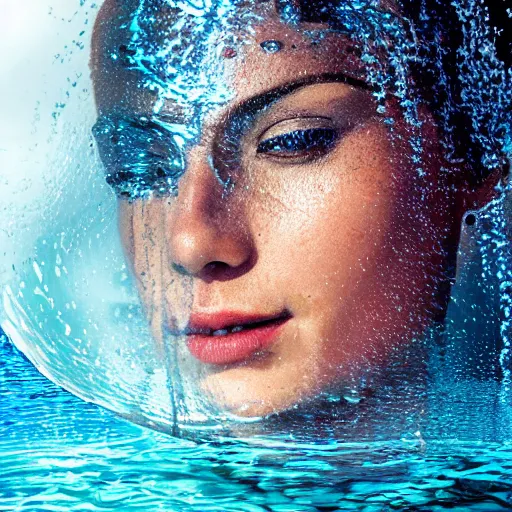 Prompt: water artwork manipulation in the shape of a human head, on the ocean water, futuristic, jelly, gradient, hyper realistic, ray tracing, realistic water, sharp focus, long shot, 8 k resolution, cinematic, photoshop water art