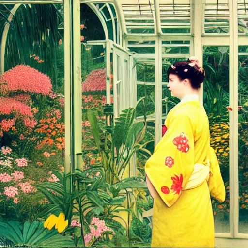 Prompt: Photograph. Film still. of a young woman!!! wearing a yellow kimono in a tropical greenhouse, by Carl Larsson Extremely detailed. 4K. 35 mm lens