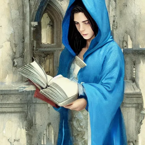 Prompt: A female wizard with brown hair wearing a blue hood and blue robe holding a book exploring an abandoned castle, art by greg rutkowski