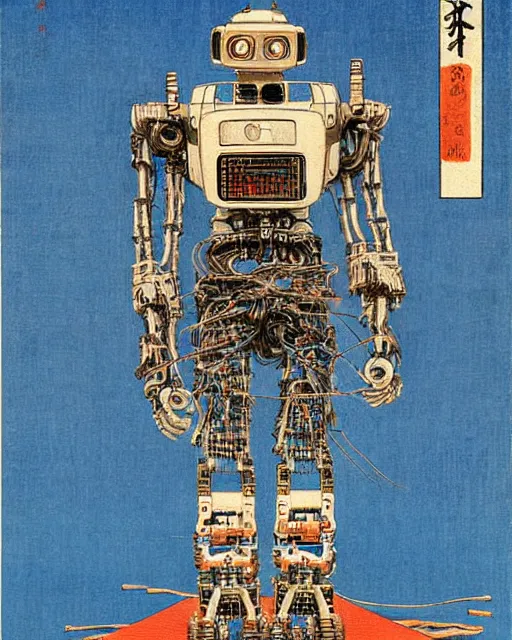 Image similar to Hiroshige portrait of a robot saint made of cables and robotic pod by John Berkey