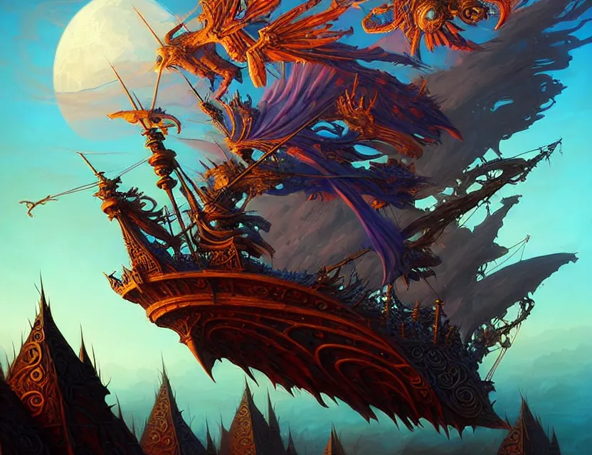 Image similar to the flying magical tana'ri galleon soars through the planes, amazing d & d planescape style art, trending on artstation, beautiful digital painting in the style of dan mumford, volumetric lighting, intricate details, ultra realistic, art by kev chan, fantasypunk, deep colors, cgsociety, by art germ, by gerald brom, by peter mohrbacher