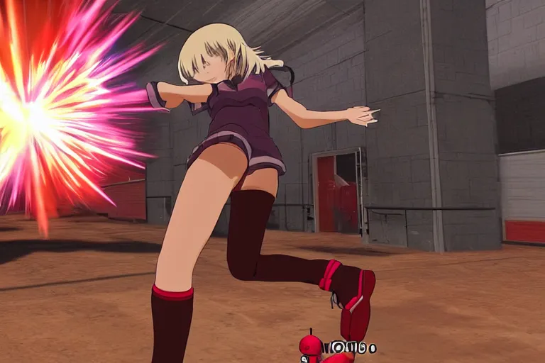 Image similar to an anime girl in a screenshot of the video game doom, the anime girl is running