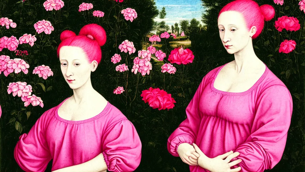 Prompt: portrait of a young pale woman with pink hair buns, wearing a red t-shirt, standing in a garden full of black flowers, intricate details, high detail, in a renaissance style, super-flat, punk