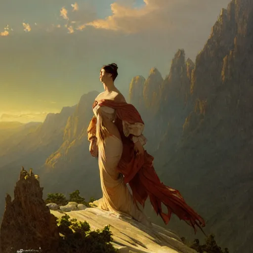 Image similar to an ultradetailed matte landscape painting of mountain sized sculpture of a beautiful and elegant woman, sunrise on the horizon in the background, stone hand raised up, 8 k, art by greg rutkowski and alphonse mucha and andreas rocha and albert bierstadt