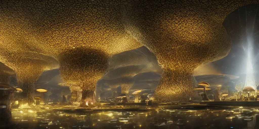 Prompt: Photorealistic exterior of Istiqlal mosque bulit in giant glowing mushroom underworld dark cave, people and androids wearing traditional japanese clothing. photorealism, UHD, amazing depth, glowing, golden ratio, 3D octane cycle unreal engine 5, volumetric lighting, cinematic lighting, cgstation artstation concept art