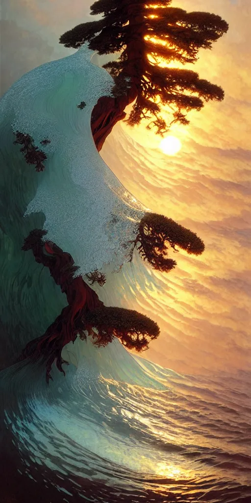 Prompt: ocean wave around ancient sequoia tree, water, ripples, backlit, sunset, refracted lighting, art by collier, albert aublet, krenz cushart, artem demura, alphonse mucha