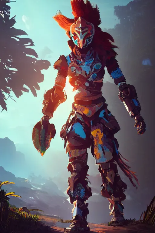 Image similar to combination suit armor aloy horizon forbidden west horizon zero dawn radiating a glowing aura global illumination ray tracing hdr fanart arstation by ian pesty and alena aenami artworks in 4 k tribal robot ninja mask helmet backpack