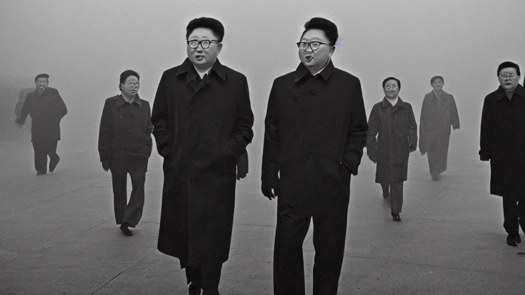 Prompt: foggy city lights, kim jong - il walking in 1 9 6 0 s pyongyang, film noir thriller in the style of orson welles and andrei tarkovski