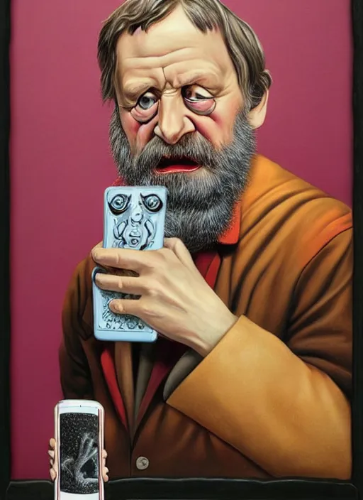 Prompt: Slavoj Zizek eating a smartphone Mark Ryden and Alex Gross, Todd Schorr highly detailed