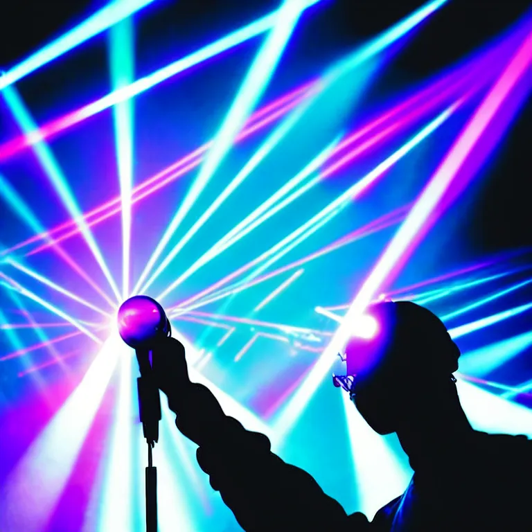 Image similar to rapper using microphone, epic angle, profile view, silhouetted, distinct, psychedelic hip-hop, laser light show, beams of light