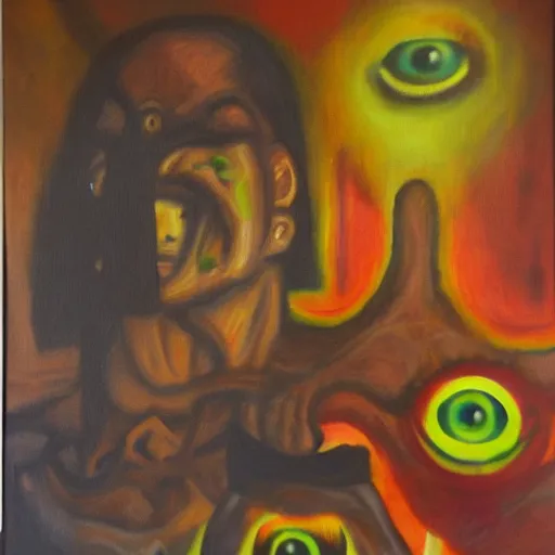 Image similar to portre of an autistic demon on acid, masonic and kabalistic symbols in background, oil painting