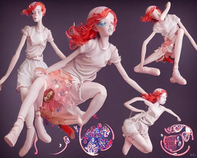 Image similar to James Jean isolated cheerful tomboy vinyl figure, figure photography, dynamic pose, holographic undertones, glitter accents on figure, anime stylized, accurate fictional proportions, high delicate details, ethereal lighting - H 640