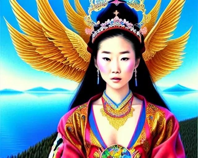 Prompt: portrait of a beautiful asian mongolian princess goddess spreading its wings, portrait of princess wearing a beautiful ornate crown, in the background lake baikal is seen, in the art style of bagshaw tom artgerm and bowater, charlie, by bagshaw tom, artgerm and bowater, charlie - - height 6 4 0