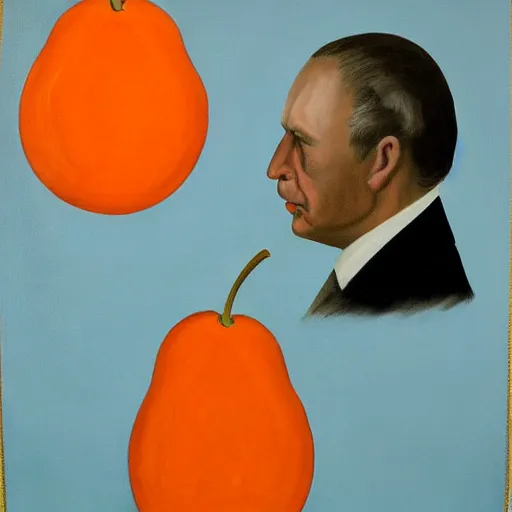 Prompt: presidential painting of an orange fruit, DIRECTLY below the orange fruit is the headless body of a president, attached to the fruit