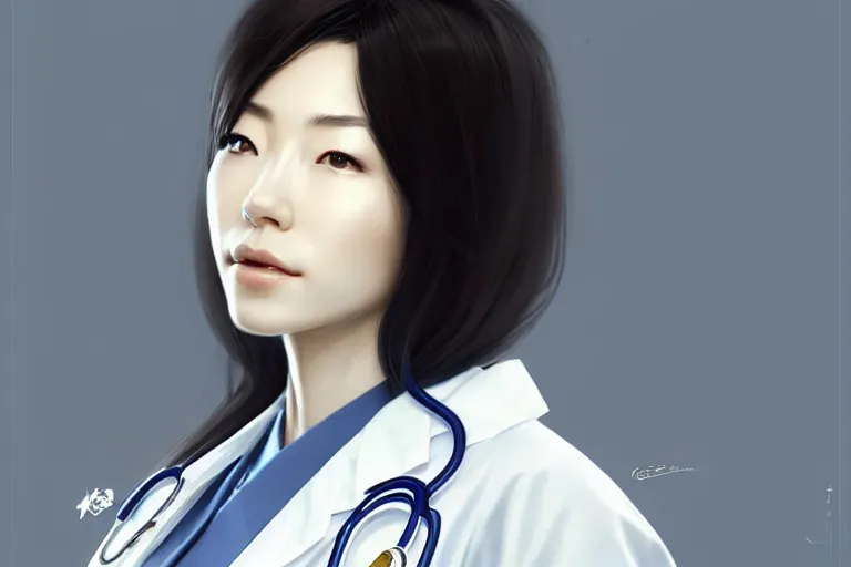 Image similar to a elegant and beautiful japanese female doctor in a white coat in a clinic, cinematic, highly detailed, digital painting, artstation, concept art, matte, sharp focus, illustration, art by artgerm and greg rutkowski