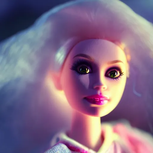 Image similar to ugly creepy dirty annoying Barbie doll, ethereal dramatic volumetric light, sharp focus
