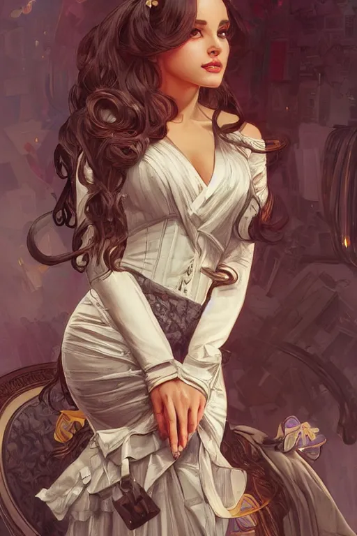 Prompt: evil cottagecore Ariana Grande , business chic attire, office setting, intricate, elegant, highly detailed, digital painting, artstation, concept art, smooth, sharp, focus, illustration, art by artgerm and greg rutkowski and alphonse mucha