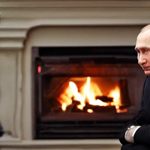 Image similar to vladimir putin in a waistcoat staring at a log fire photograph, dslr, rule of thirds