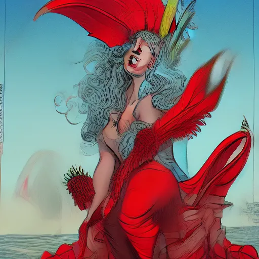 Prompt: lady gaga dressed as Lady Liberty sitting on top of a red dragon, illustration concept art in the style of Arthur Adams