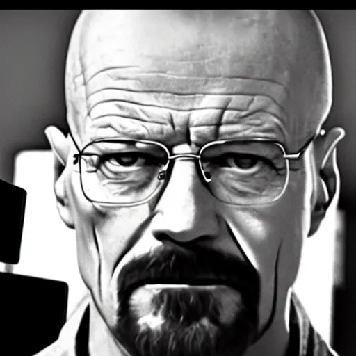 Prompt: cctv security footage of walter white looking at the camera