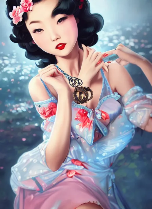 Image similar to a pin up and beautiful fashion dreamlke japan girl with lv jewelry, character art, art by artgerm, wlop, loish, hyperdetailed, 8 k realistic, symmetrical, global illumination, radiant light, frostbite 3 engine, cryengine, dof, trending on artstation, digital art, chanel, dior, detailed background