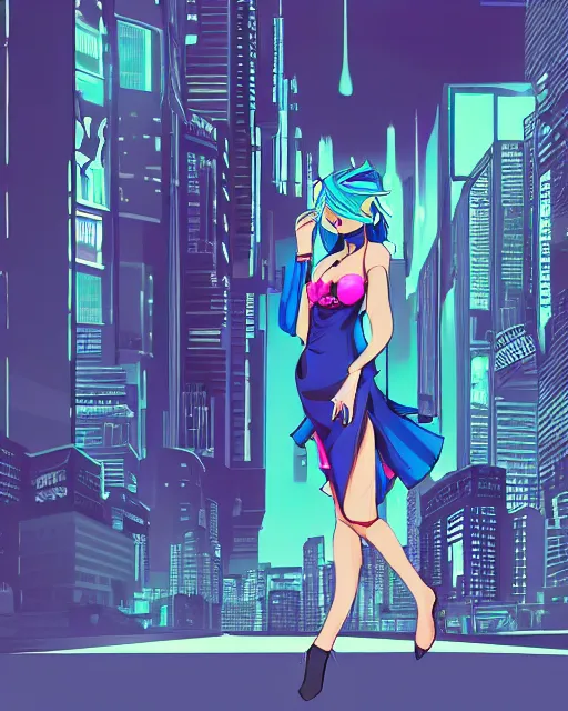 Image similar to cel shaded art of a pretty blue haired girl wearing a dress, cyberpunk city street background