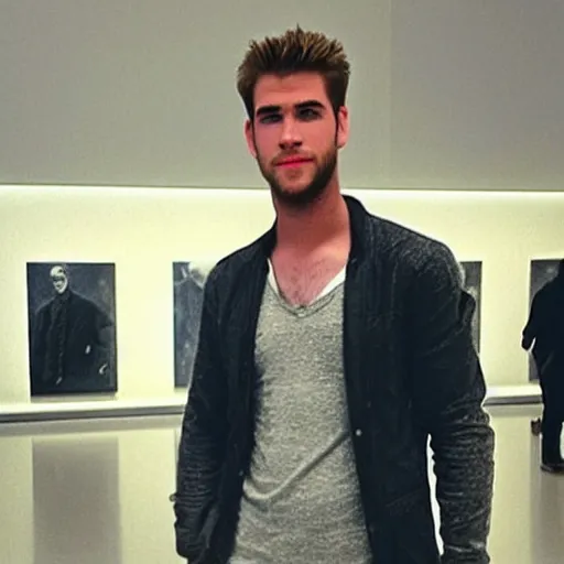 Image similar to “a realistic detailed photo of a guy who is an attractive humanoid who is half robot and half humanoid, who is a male android, actor Liam Hemsworth, shiny skin, posing like a statue, blank stare, at the museum, on display”