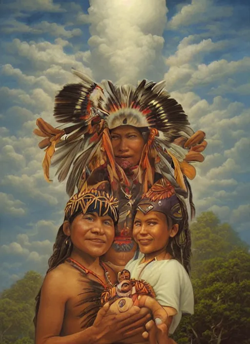 Image similar to faces of indigenous amazonian grandfathers and grandmothers spirits in the clouds, smiling, protection, benevolence, ancestors, detailed faces, art by christophe vacher