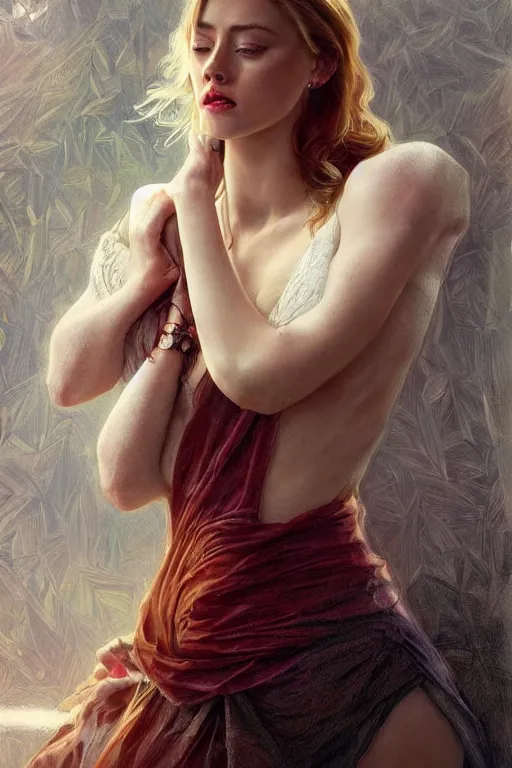 Image similar to beautiful cottagecore amber heard defecating in a bed, johnny depo stands next to the bed and is crying, sad vibe, intricate, elegant, highly detailed, digital painting, artstation, concept art, smooth, sharp, focus, illustration, art by artgerm and greg rutkowski and alphonse mucha