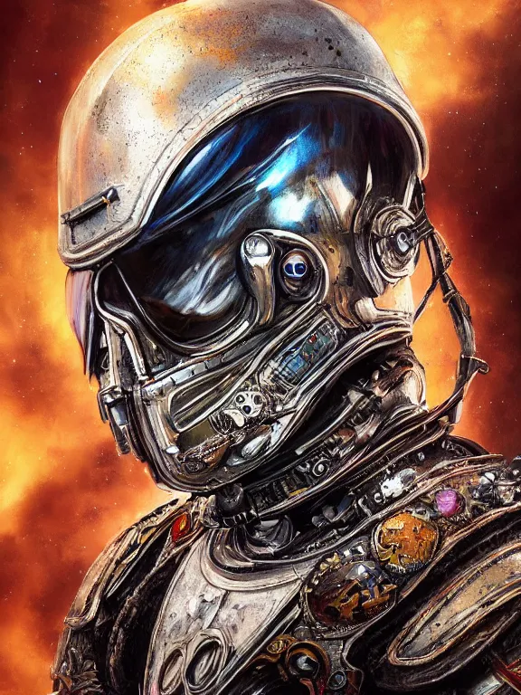 Image similar to portrait art of 8k ultra realistic undead retro futuristic astronaut vampire king , galaxy reflected in helmet , detailed intricate ornate armour,corrupted, cybernetic, full of colour, cinematic lighting, battered, trending on artstation, 4k, hyperrealistic, focused, extreme details,unreal engine 5, cinematic, masterpiece, art by ayami kojima, giger