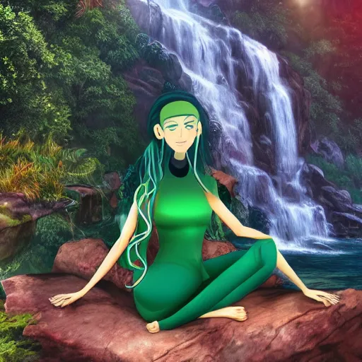 Image similar to a long green ponytail girl meditating on a rock in front of a waterfall, beautiful face, pretty face, digital art, hyper detailed, serene, jungle aesthetic