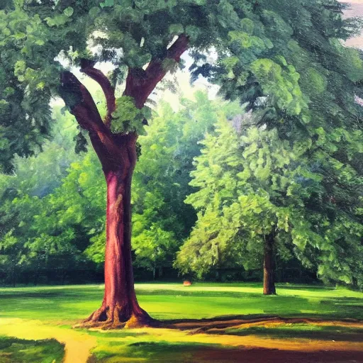 Image similar to a giant tree in the middle of a park, oil painting