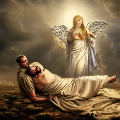 Prompt: wounded soldier gets help from angel, divine, light from the sky, purgatory, realism, 4 k, hd