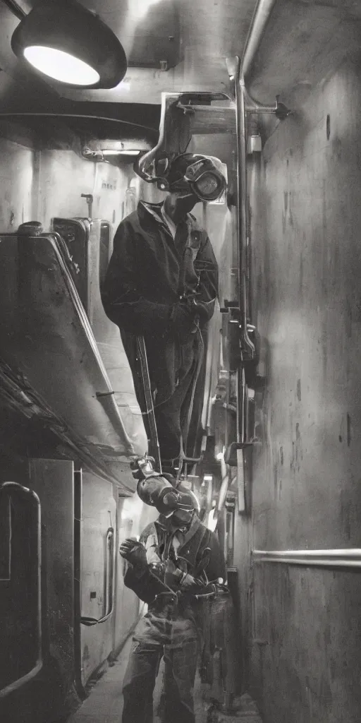 Image similar to welder wearing welding masks in the subway, by richard avedon, ominous lighting, tri - x pan stock