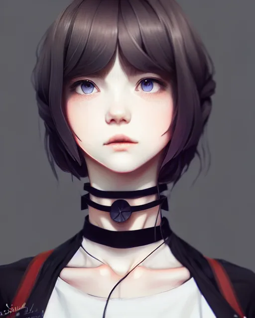 Prompt: full very close up neck shot of a beautiful skinny choir girl, in tshirt and choker, by saruei and guweiz and ilya kuvshinov, digital art, highly detailed, intricate, sharp focus, trending on artstation hq, deviantart, pinterest, unreal engine 5, 4 k uhd image