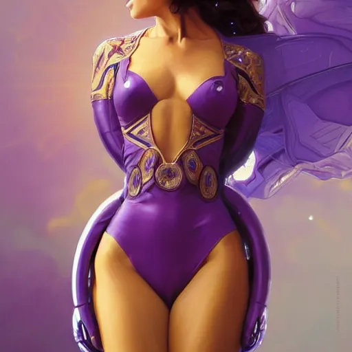 Image similar to Portrait of very very very very very very beautiful Latina woman, spacesuit, purple eyes, intricate, elegant, highly detailed, digital painting, artstation, concept art, smooth, sharp focus, illustration, art by artgerm and greg rutkowski and alphonse mucha