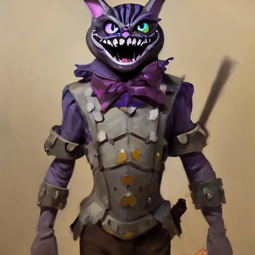 Image similar to greg manchess portrait painting of partially armored cheshire cat from alice in wonderland as overwatch character, medium shot, asymmetrical, profile picture, organic painting, sunny day, matte painting, bold shapes, hard edges, street art, trending on artstation, by huang guangjian, gil elvgren, ruan jia, randy vargas, greg rutkowski