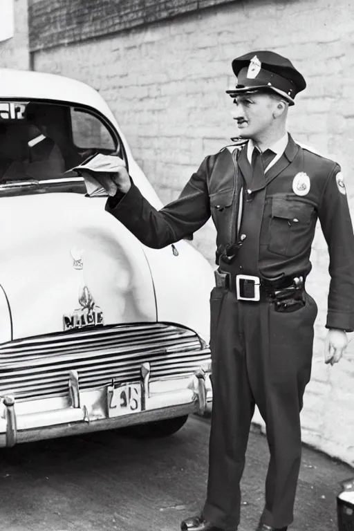 Image similar to a 1 9 5 0 s police officer issuing a ticket on a car