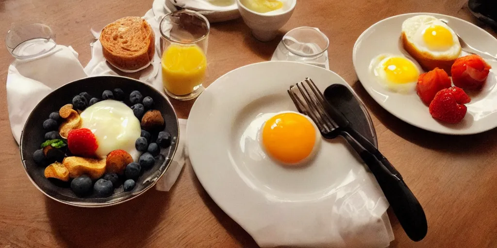 Image similar to photo of breakfast, close - up, low saturation, diffuse light