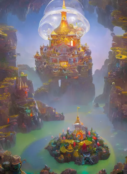 Prompt: foam priest and his bubble kingdom, beautiful landscape, highly detailed, flying buildings, palace, bubble trees, artstation, masterpiece, art by dylan kowalski and huifeng huang