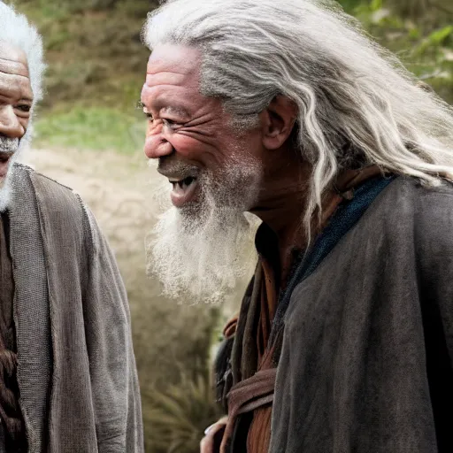 Image similar to Morgan Freeman as Gandalf the Grey laughing with Frodo, still from Lord of the Rings movie, detailed, 4k