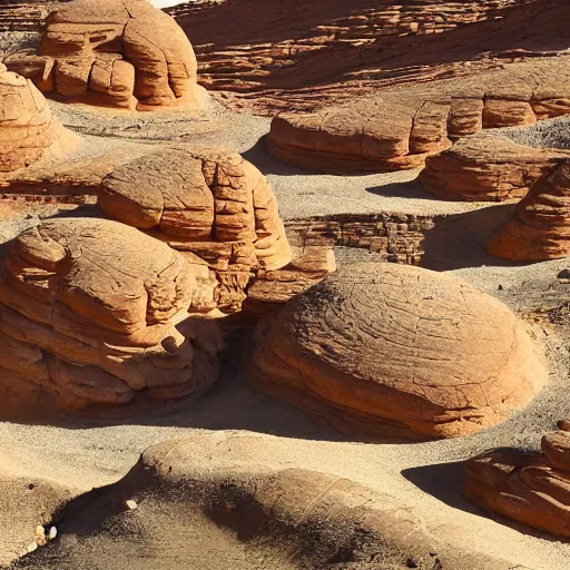 Image similar to cut sandstone structures cover a desert landscape