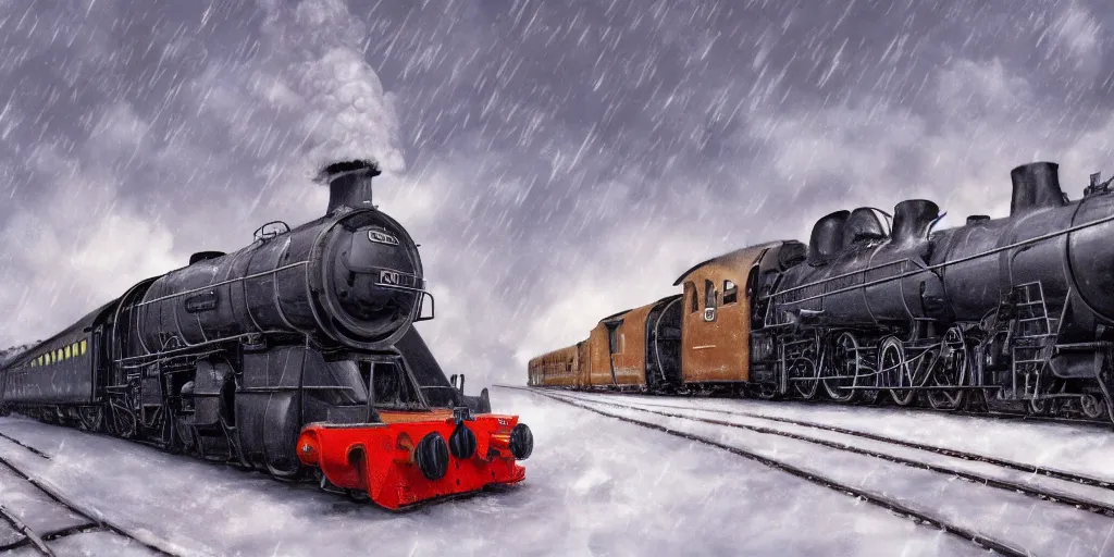 Image similar to ultra detailed and realistic painting of a heavy steam train in the snow under a blizzard, realistic style, inspired by very beautiful cute and colored disney movie backgrounds, bloom, high details, rendered in 8 k unreal engine