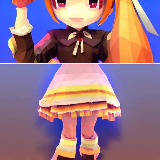 Prompt: ultra low poly modelling, walking left frame, isometric view, 1 6 bit colors, from touhou, made in rpg maker, a chibi girl, brown jacket with long sleeves, pigtails hair, volumetric lighting, fantasy, 4 k, intricate, hyper realistic, by blizzard, warcraft 3, backlit