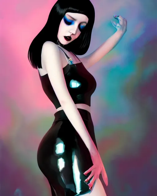 Prompt: a full body portrait of pale skin goth in shiny latex mini skirt and shiny latex tank top, long curvy black hair, red lips, pastel makeup, digital painting by ilya kuvshinov and ross tran and karol bak and stanley lau and anna dittmann and artgerm and xiaoguang sun and tian zi