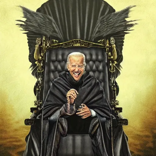 Image similar to joe biden sitting on a throne in a dark evil room with a cloak obscuring his eyes, evil grin, horror, terrifying artwork